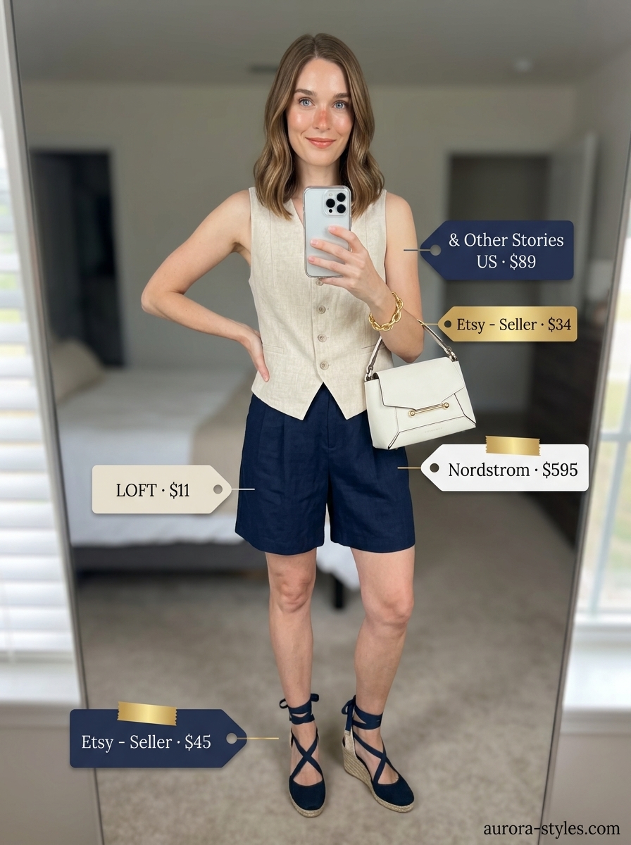 Oversized summer outfit for women 2026: Cream vest, navy shorts, and espadrilles for Riviera style.