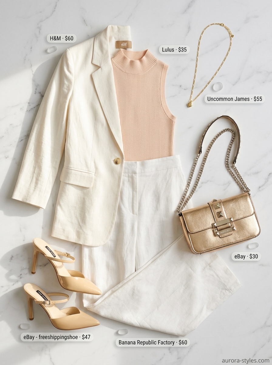 Oversized summer outfit for women 2026: Ivory blazer, peach top, and linen trousers for a soirée.
