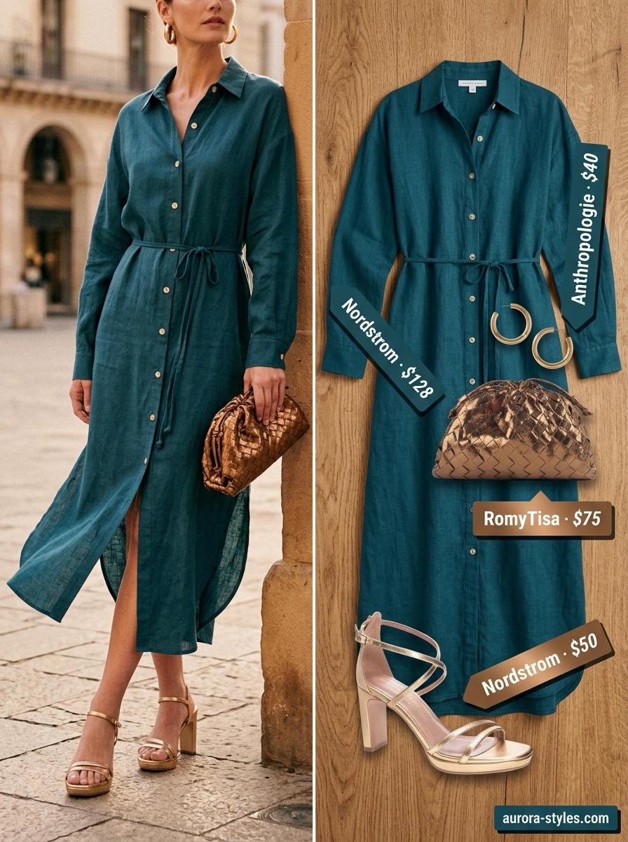 Oversized summer outfit for women 2026: Teal maxi shirtdress, gold heels, and clutch for evening dinner.