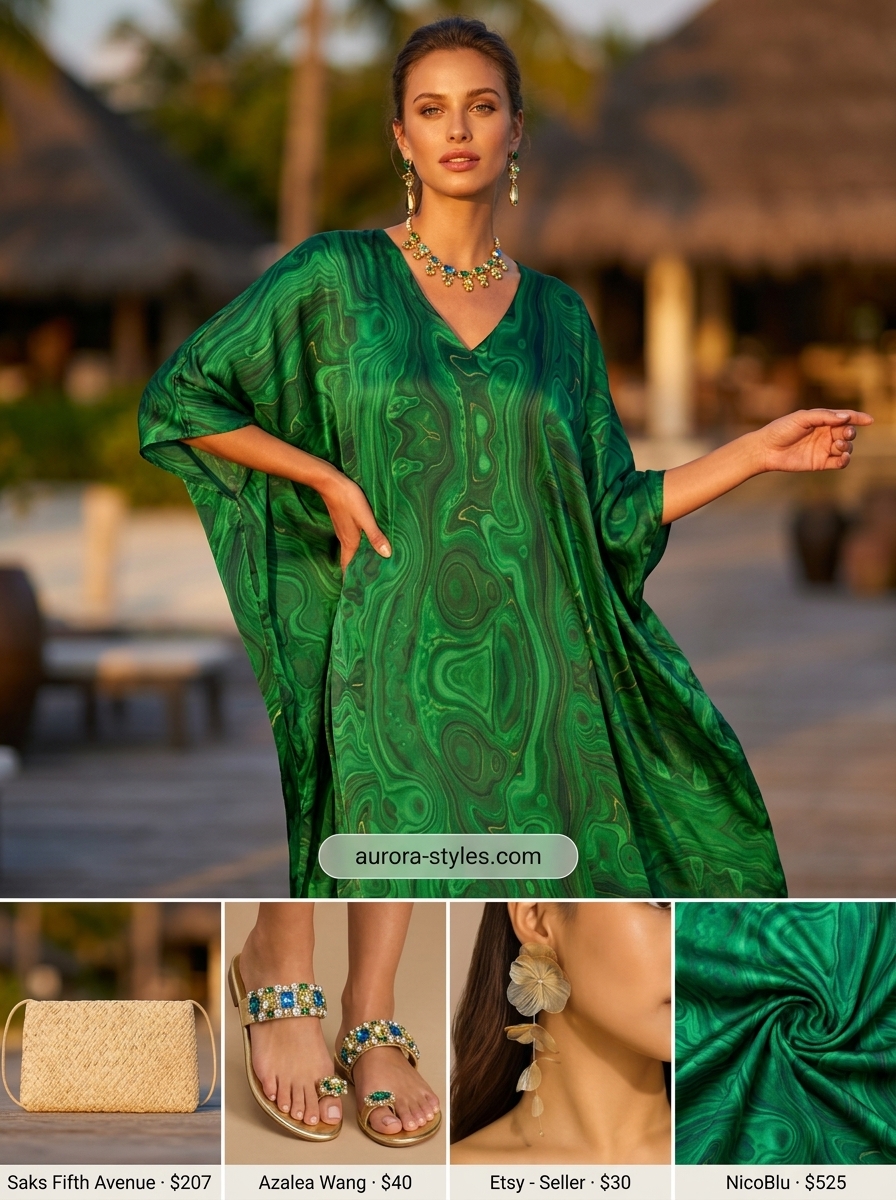 Oversized summer outfit for women 2026: Emerald green caftan dress, gold sandals, and clutch for resort glam.