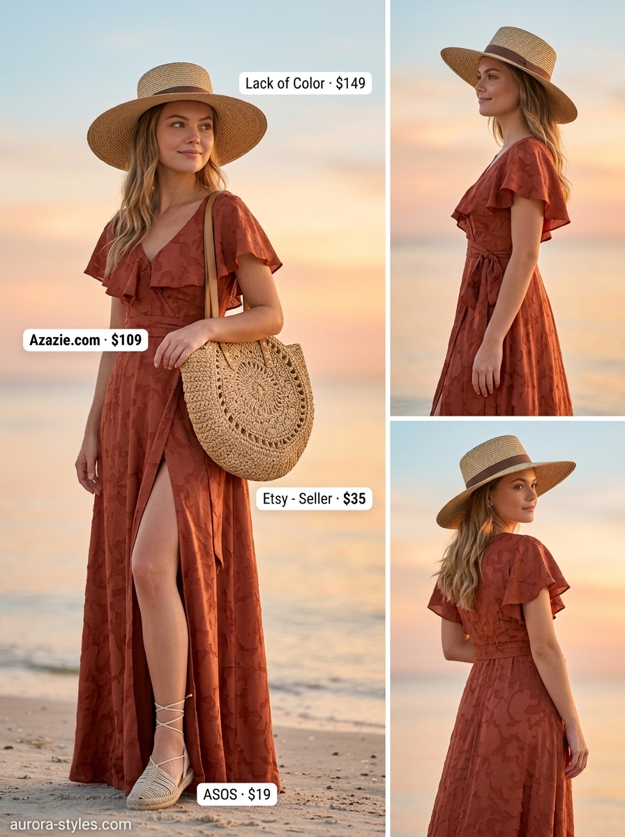 Petite summer outfits for women 2026: Flowy terracotta maxi dress, straw hat & tote for beach vacation or festival.