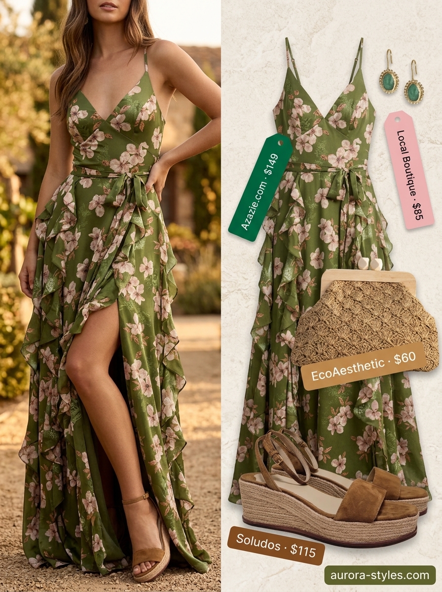 Petite summer outfits for women 2026: Emerald floral maxi dress, raffia clutch & heeled espadrilles for a gala.
