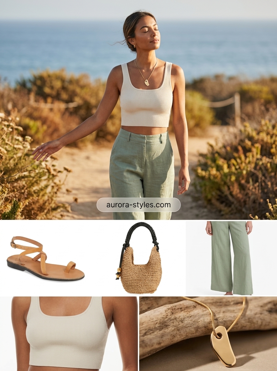 Petite summer outfits for women 2026: Sage green linen pants, cream tank & straw crossbody for a relaxed brunch.