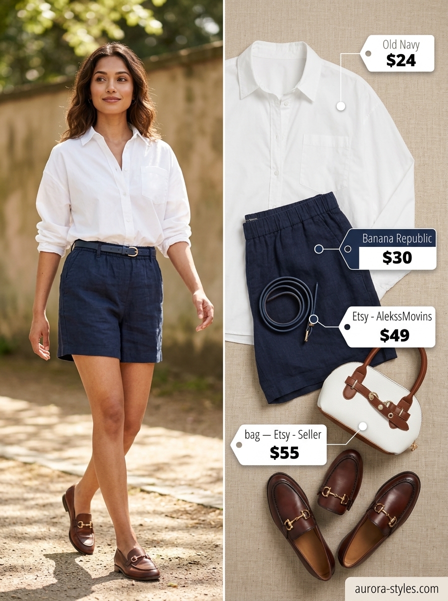 Petite summer outfits for women 2026: Navy shorts, white shirt & loafers for a preppy museum visit.