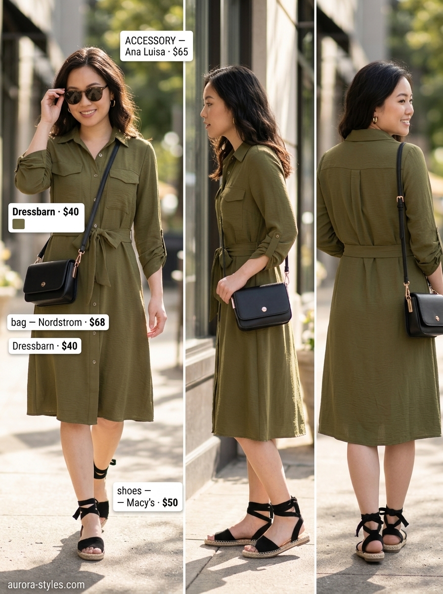 Petite summer outfits for women 2026: Khaki utility shirt dress, black belt & sandals for a chic safari lunch.