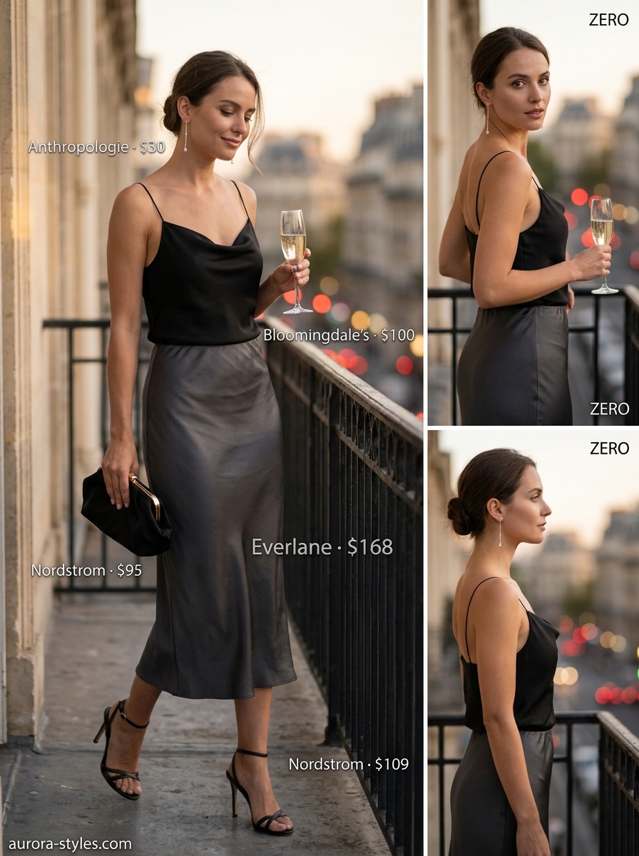 Petite summer outfits for women 2026: Charcoal slip skirt, black camisole & stiletto sandals for date night.