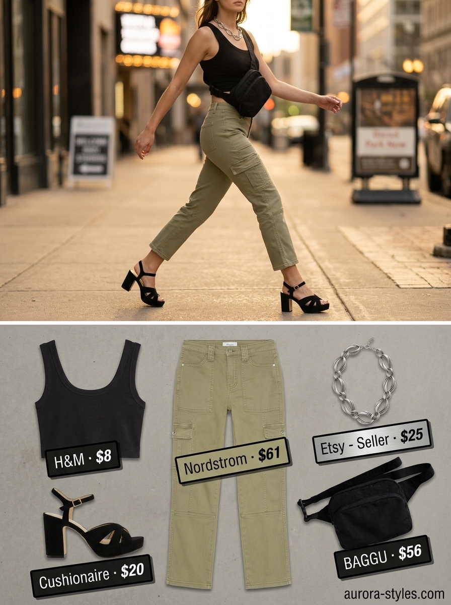 Petite summer outfits for women 2026: Khaki cargo pants, black crop top & platform sandals for urban utility chic.