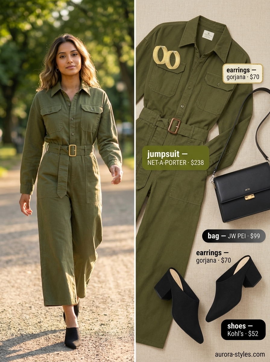 Petite summer outfits for women 2026: Olive green utility jumpsuit, black mules & crossbody bag for city exploration.