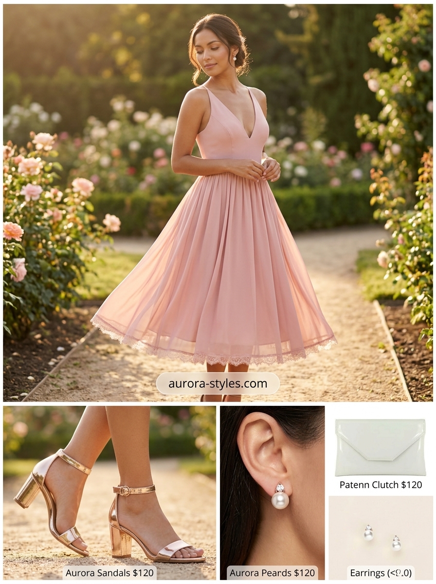 Petite summer outfits for women 2026: Blush pink midi dress for garden parties. Romantic & feminine.