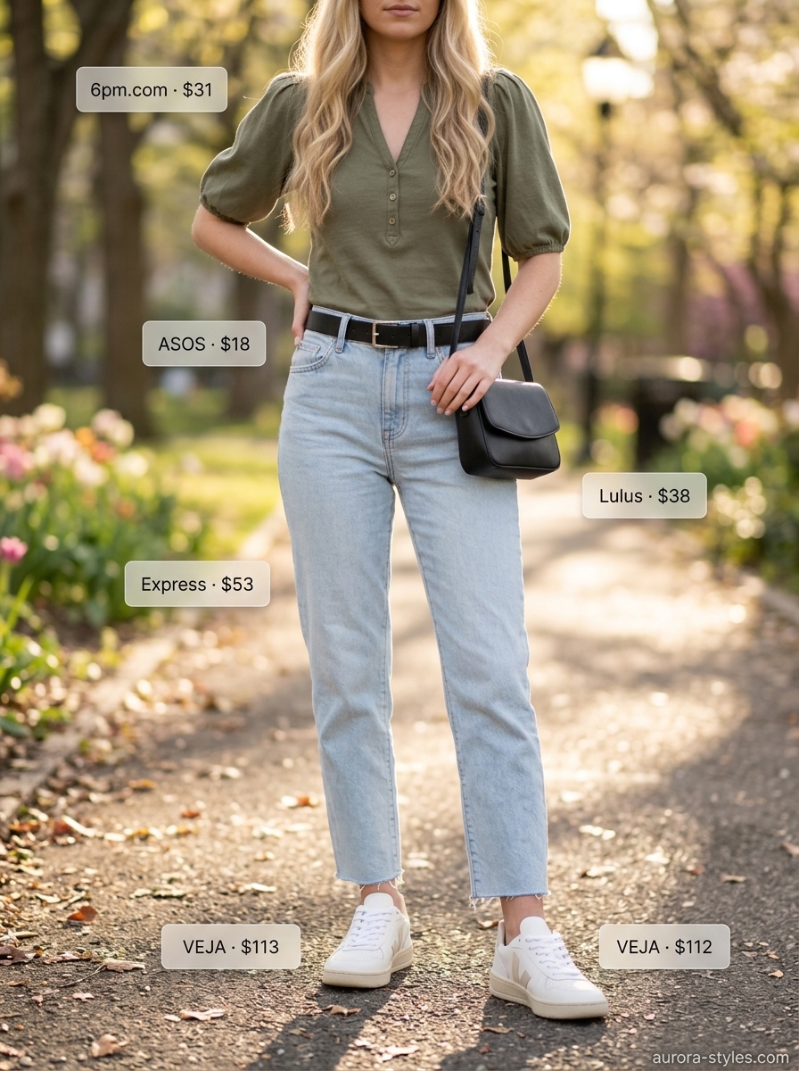 Petite summer outfits for women 2026: Casual olive blouse, straight-leg jeans, and white sneakers for city breaks.