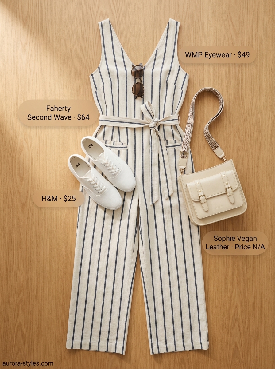 Petite summer outfits for women 2026: Navy stripe jumpsuit, white sneakers, and tan crossbody for city breaks.