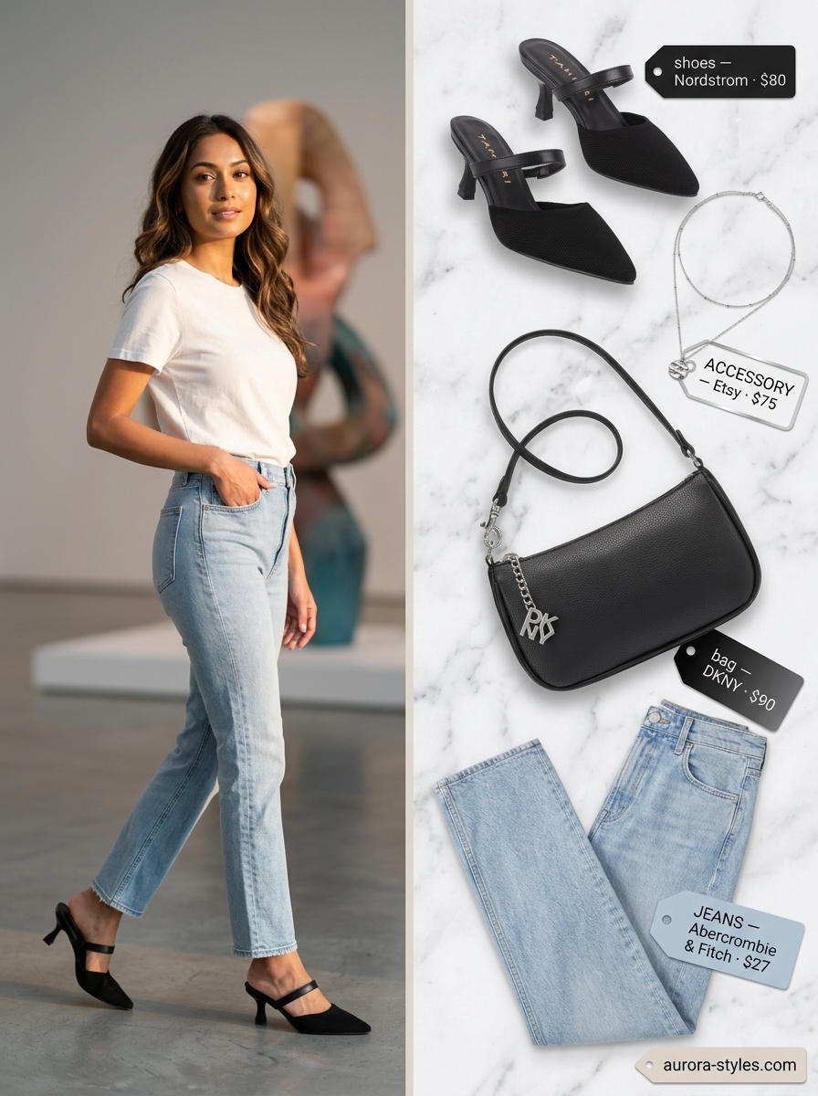 Petite summer outfits for women 2026: Edgy black bodysuit, light wash jeans, and mules for art walks.