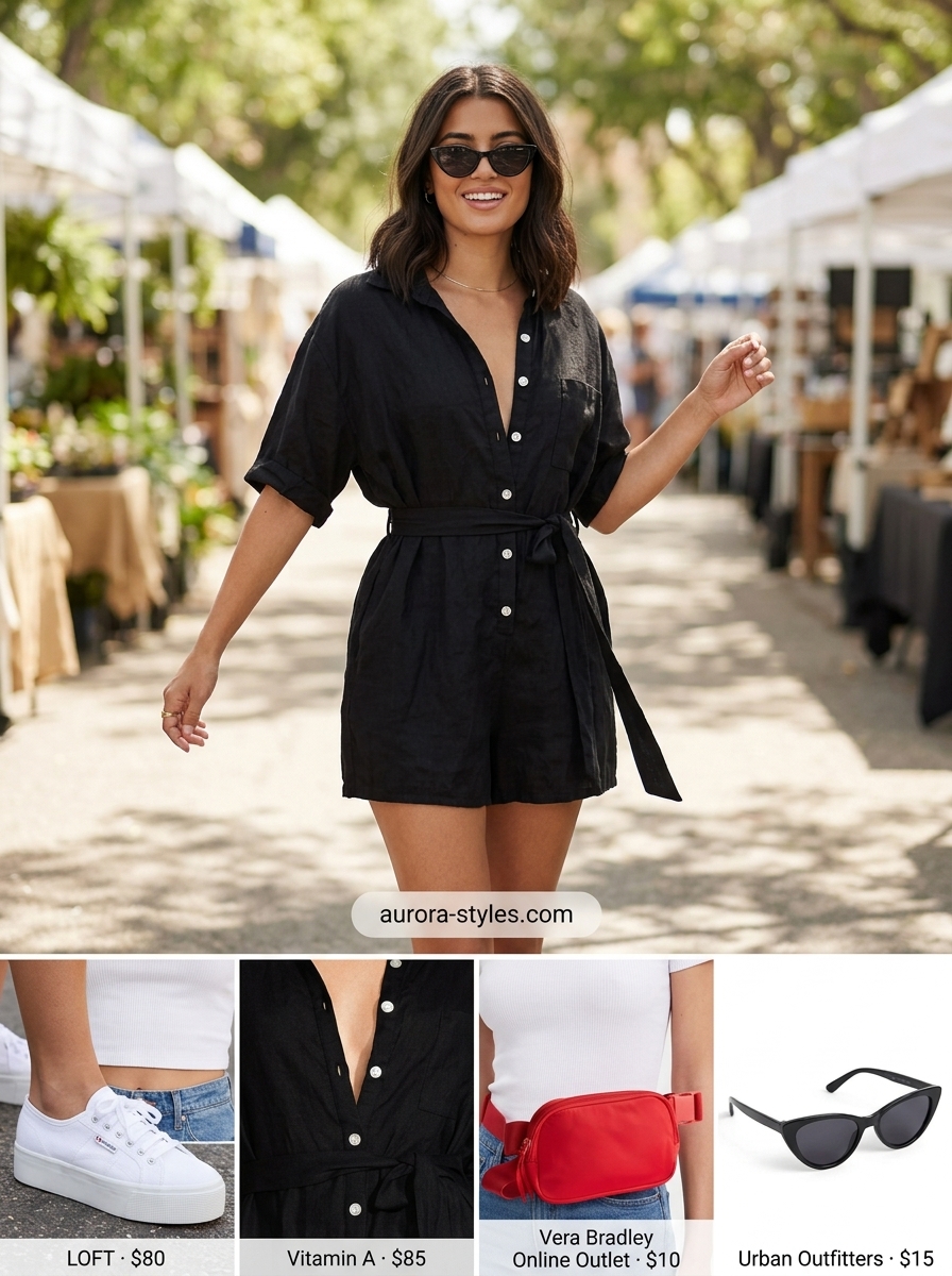 Petite summer outfits for women 2026: Black linen romper, white sneakers, and red belt bag for festivals.