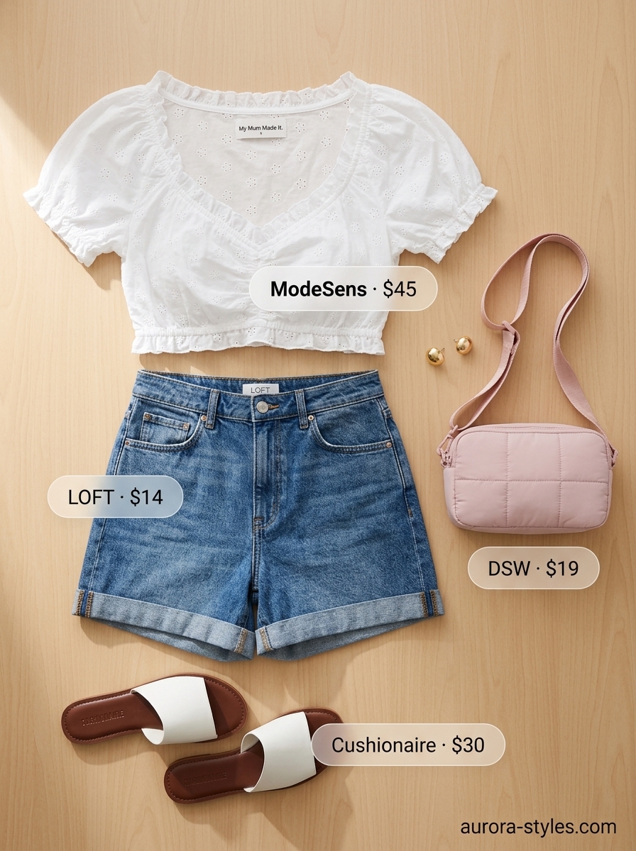 Petite summer outfits for women 2026: White eyelet crop top, denim shorts, and pink crossbody for lakeside leisure.