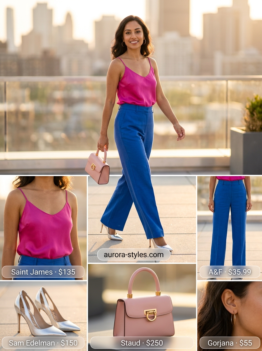 Petite summer outfits for women 2026: Hot pink trousers, cream blazer, and gold heels for a bold look.