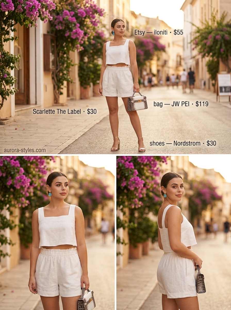 Petite summer outfits for women 2026: Crisp white linen matching set for resort brunch. Glamorous & fresh.