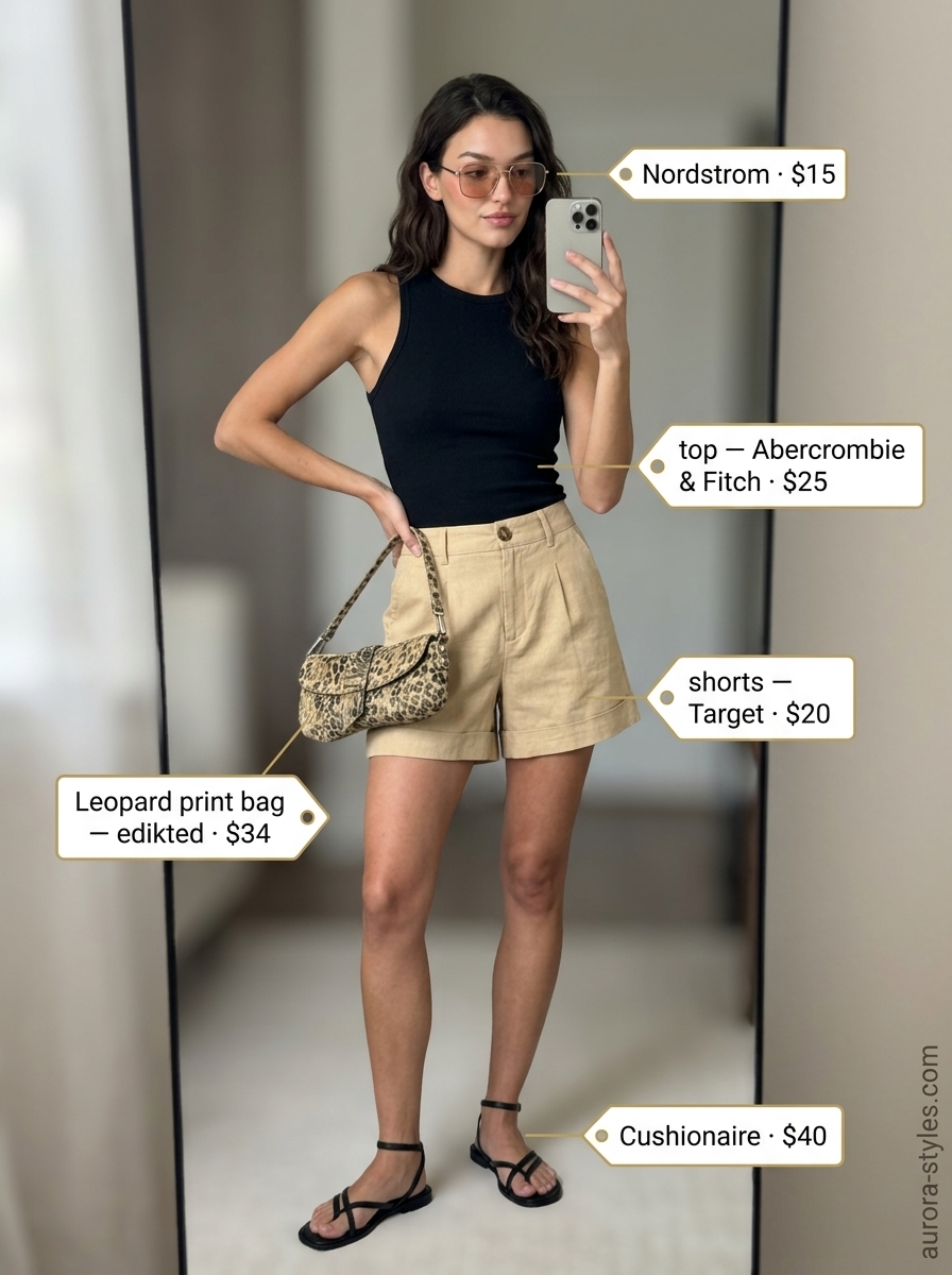Petite summer outfits for women 2026: Khaki shorts, black tank, and leopard bag for urban safari chic.