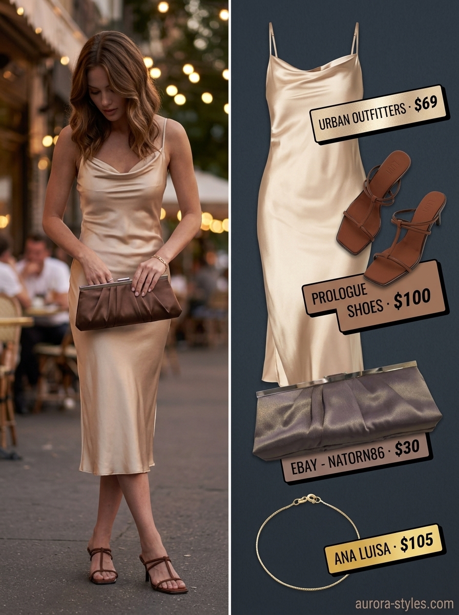 Petite summer outfits for women 2026: Champagne satin slip dress, mocha heels for date night.