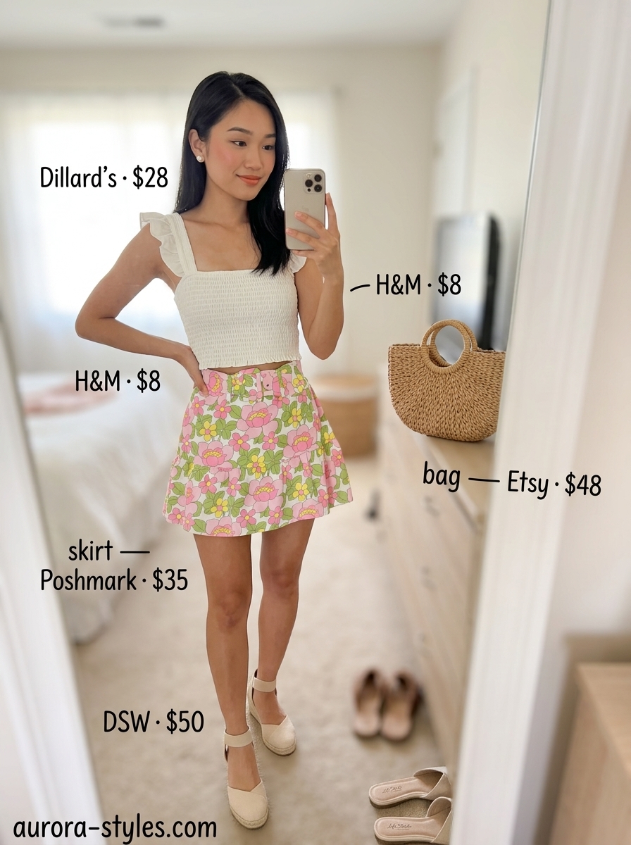 Petite summer outfits for women 2026: Floral mini skirt, white crop top, espadrille wedges for garden brunch.