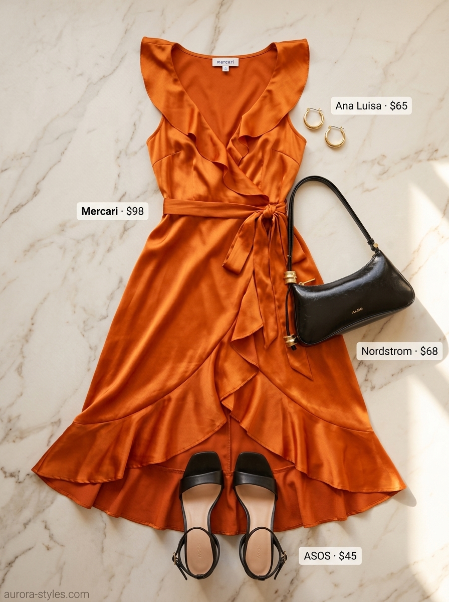 Petite summer outfits for women 2026: Mango orange wrap dress, black sandals, gold jewelry for rooftop dinner.