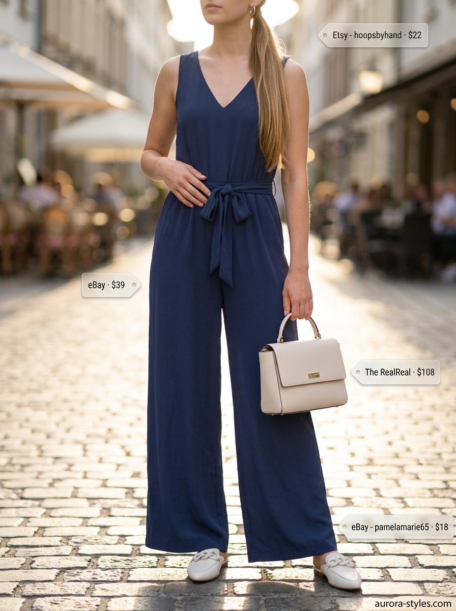 Petite summer outfits for women 2026: Navy jumpsuit, cream bag, silver mules for airport travel.