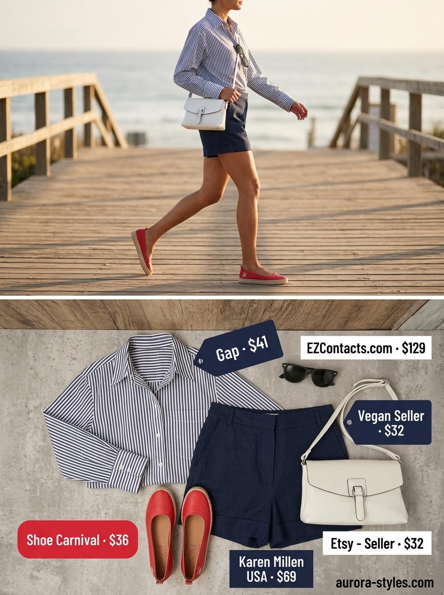 Petite summer outfits for women 2026: Navy linen shorts, striped shirt, espadrilles for vacation sightseeing.