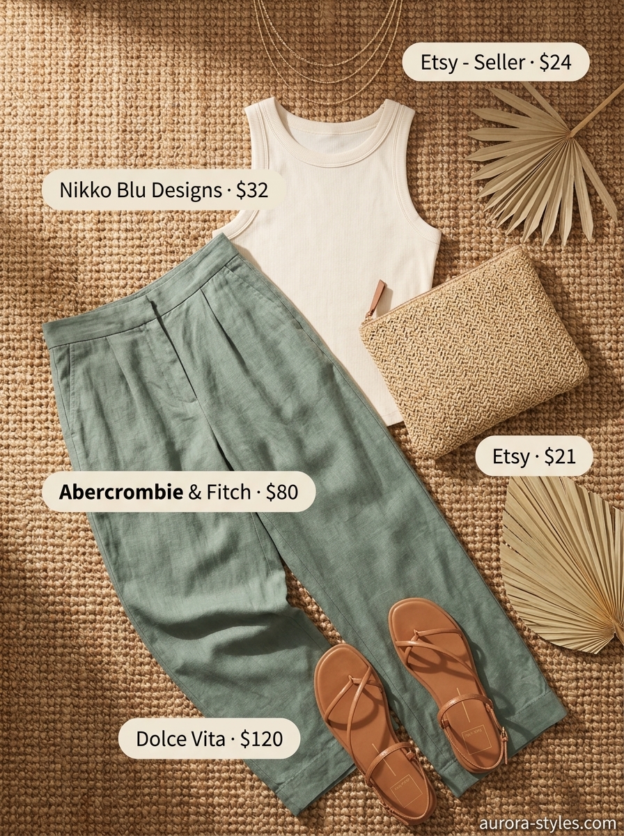 Petite summer outfits for women 2026: Sage green linen pants, cream tank, straw bag for boardwalk stroll.