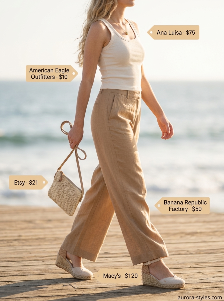 Petite summer outfits for women 2026: Sage green linen pants, cream tank, straw bag for resort casual.