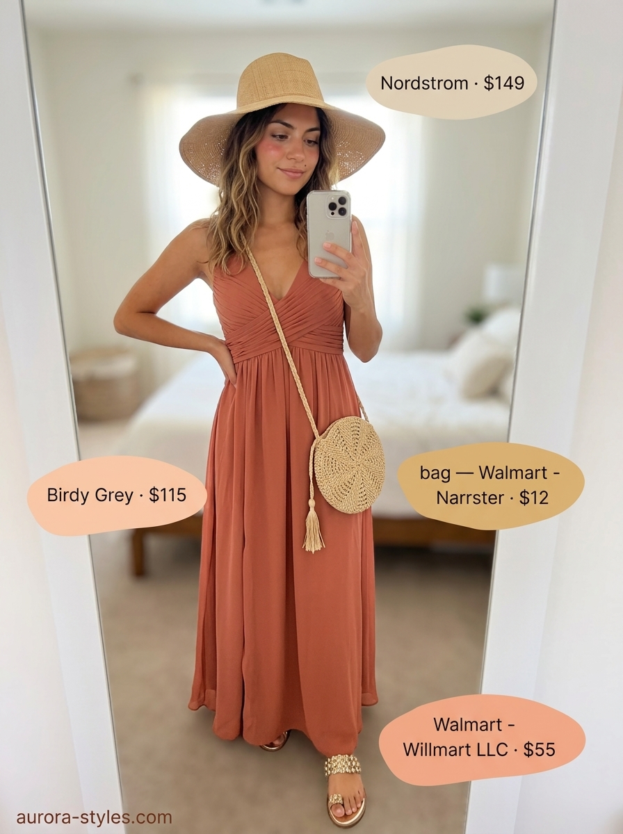 Petite summer outfits for women 2026: Terracotta maxi dress, straw hat, gold necklaces for bohemian festival.