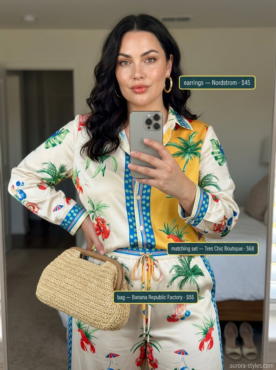 Plus size summer outfits for women 2026: Tropical print matching set for resort dinners.