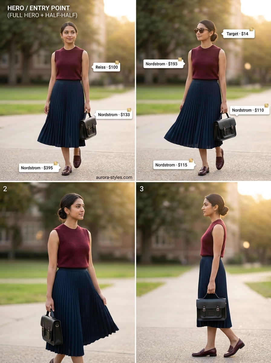 Preppy summer outfits for women 2026: Burgundy midi skirt, cream sweater vest, loafers, and satchel bag.