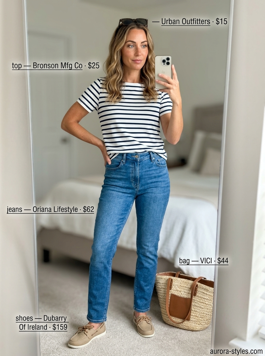 Preppy summer outfits for women 2026: White jeans, Breton top, boat shoes, and straw bag for casual coastal style.