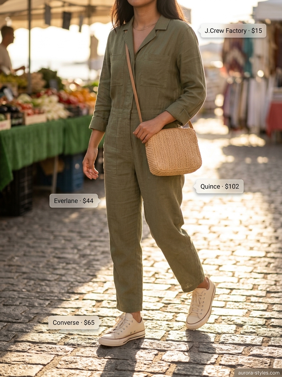 Preppy summer outfits for women 2026: Olive green utility jumpsuit styled for a weekend getaway with white sneakers and straw bag.