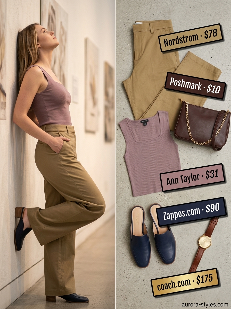 Preppy summer outfits for women 2026: Khaki wide-leg pants with navy knit top for gallery opening with loafers and shoulder bag.