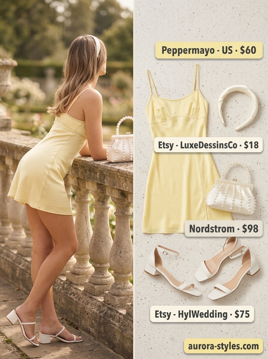 Preppy summer outfits for women 2026: Pastel yellow mini dress with white Peter Pan collar for garden party.