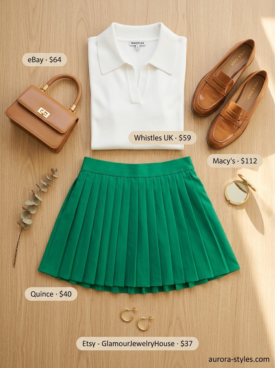 Preppy summer outfits for women 2026: Emerald green polo, white pleated skirt, loafers, and top-handle bag.