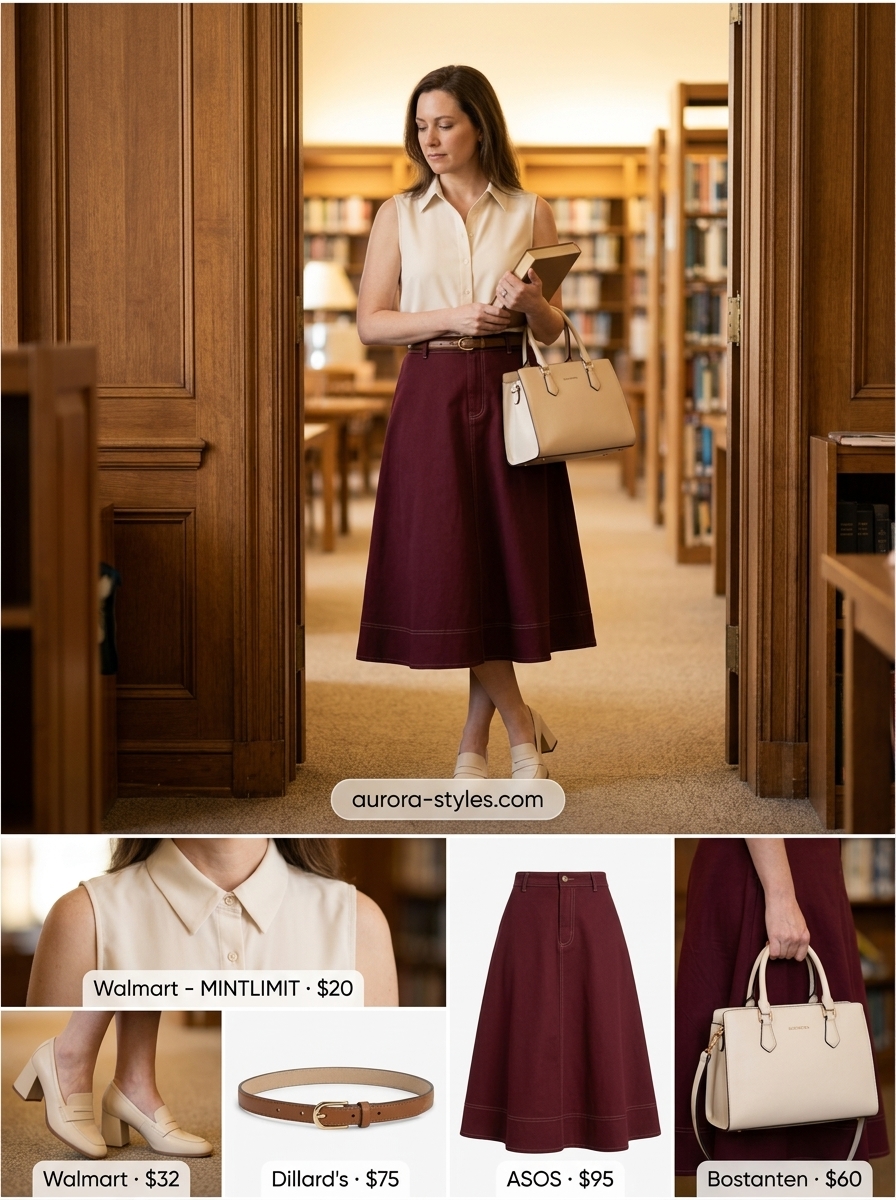 Preppy summer outfits for women 2026: Burgundy A-line skirt, cream collared shirt, loafers, and satchel bag.