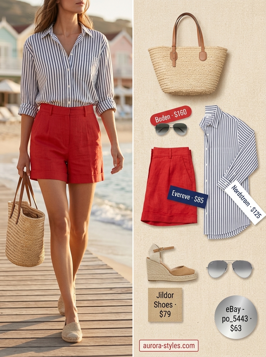 Preppy summer outfits for women 2026: Red Bermuda shorts with striped button-down shirt for nautical Riviera style.