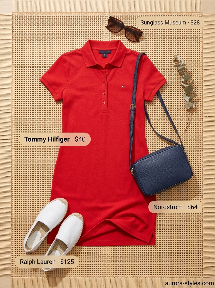 Preppy summer outfits for women 2026: Red polo mini dress, espadrilles, and crossbody bag for vacation.