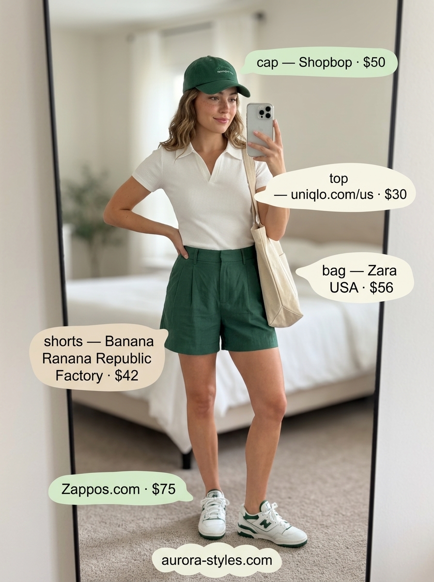 Preppy summer outfits for women 2026: Forest green shorts, white button-down, and sneakers for tennis club.