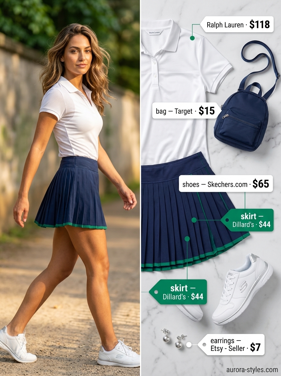 Preppy summer outfits for women 2026: Emerald green polo, white pleated skirt, sneakers, and backpack.