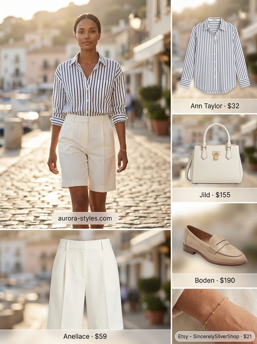 Preppy summer outfits for women 2026: Khaki Bermuda shorts, striped button-down, loafers, and tote bag.