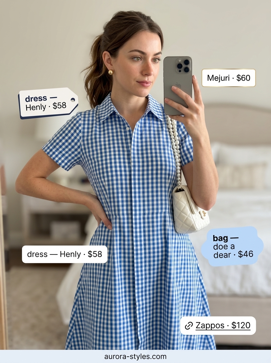 Preppy summer outfits for women 2026: Blue gingham shirtdress, pearl necklace, white sandals for high tea.