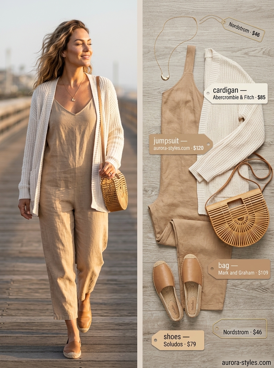 Preppy summer outfits for women 2026: Navy linen jumpsuit, cream cardigan, straw bag, espadrilles for coastal getaway.