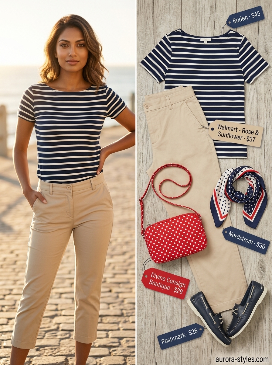 Preppy summer outfits for women 2026: Navy stripe top, khaki pants, boat shoes for nautical afternoon.