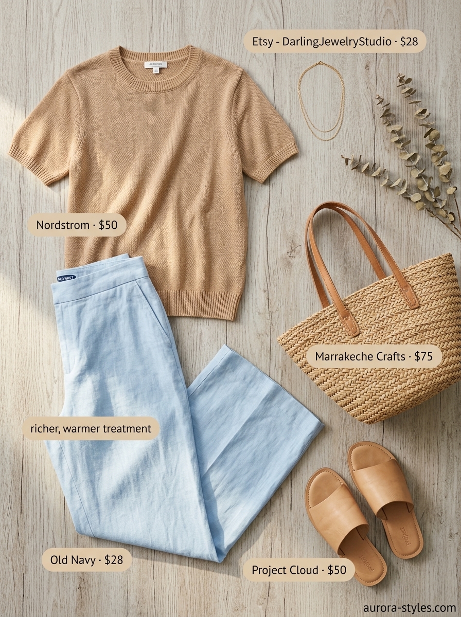 Preppy summer outfits for women 2026: Sky blue linen pants, cream sweater, straw tote for lakeside lounging.
