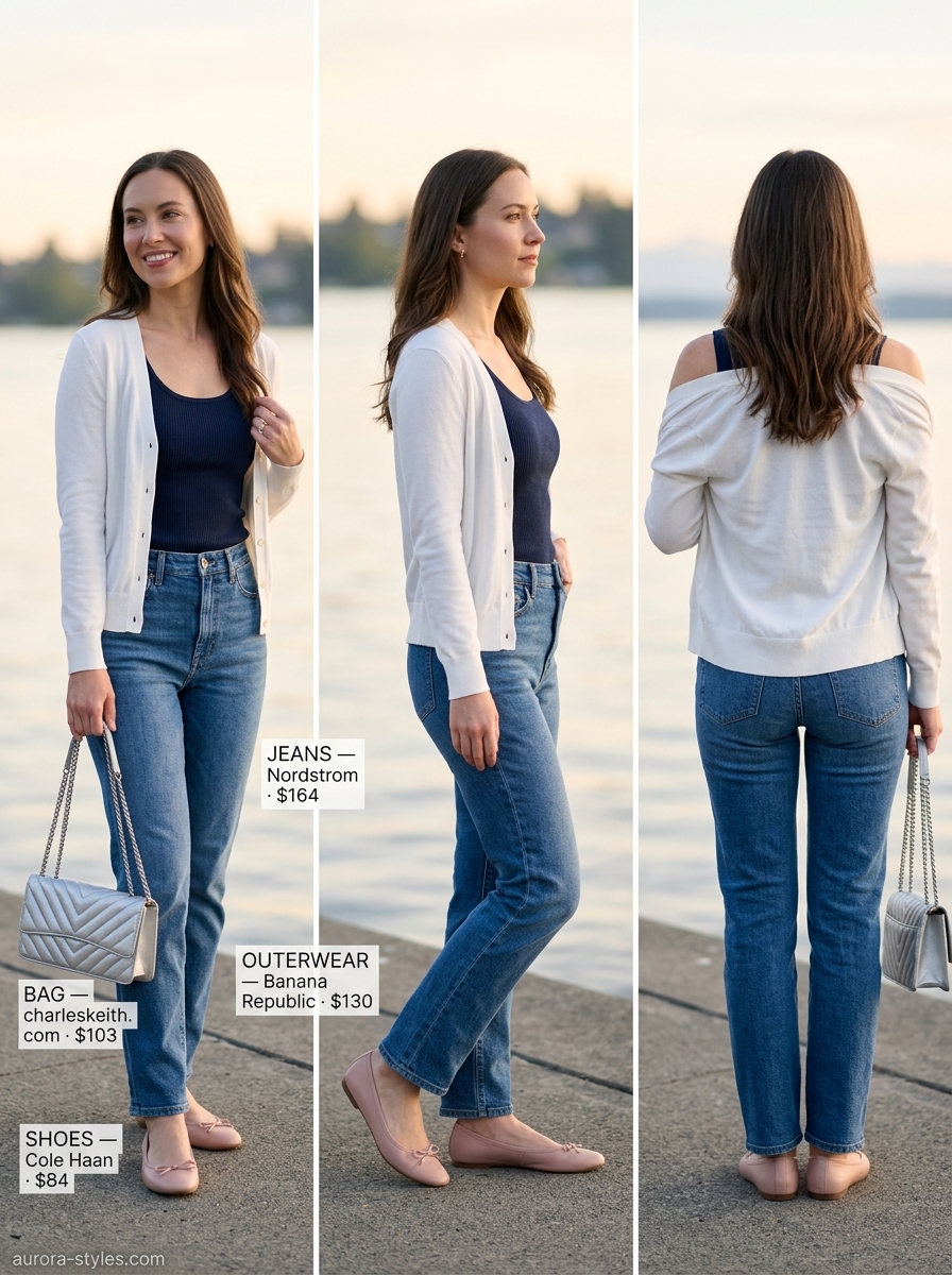 Preppy summer outfits for women 2026: White jeans, navy cardigan, blush pink bag for summer evening.