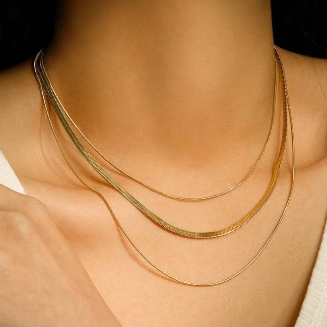 accessory 18K Gold Plated Stainless Steel Waterproof Hypoallergenic Herringbone Snake Chain Necklace Sunrise Bling Jewelry $59.99