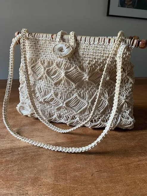 bag 1970s Cotton Macrame Shoulder Bag with Wood Handles Etsy - Seller $55