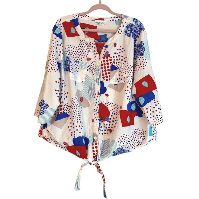 blouses 3/4 Sleeve Tie-Front Abstract Print Blouse Etsy - TheGreatAdvintage $40